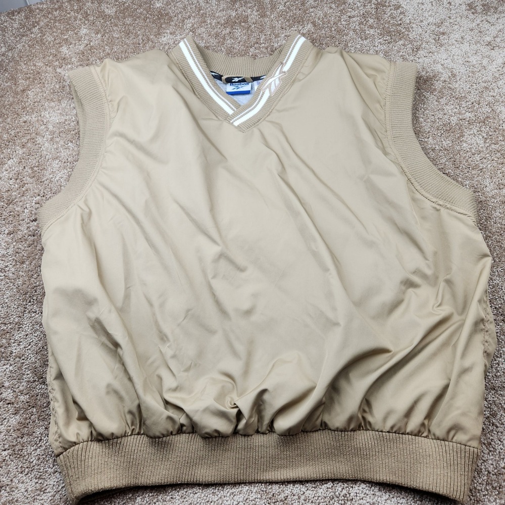 Vintage Reebok Golf Vest Mens Large Tan Khaki V-Neck Windbreaker Lined Pullover